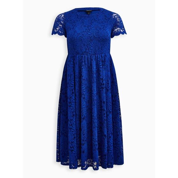 New Torrid Plus Electric Blue Lace Short Sleeve Fit & Flare Midi Dress Only Sz 1 - Picture 1 of 9